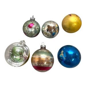 Vintage Lot Christmas Ornaments Set Of 6 Shiny Brite Designs Gold Silver Blue